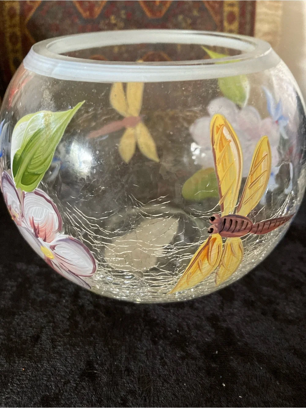 Crystal Hand-Painted Dragonfly Crackle Glass Bowl Vase - Pink Flowers Yellow